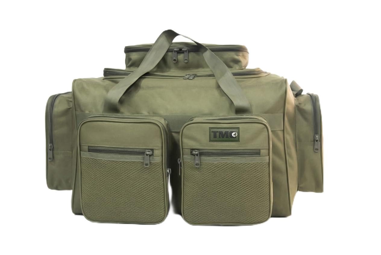 TMC Borsa grande per attrezzatura da pesca alla carpa, verde, tasche multiple, protezioni per la base, misura 50 x 35 x 30 cm (corpo principale) 60 x 40 x 35 (tasche incluse)