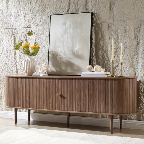 AMERLIFE 70" Mid-Century Modern TV Stand, TV Console Table for TVs up to 80 Inch, Fluted Wood Media Console with Storage, Solid Wood Legs, Walnut