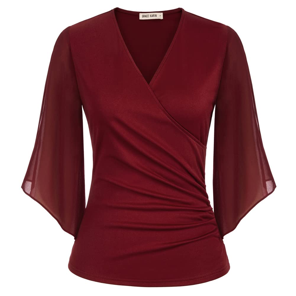 GRACE KARIN Blusa Elegante para Mujer, Manga 3/4, Cuello en V, Estampado Floral, Camisa Informal