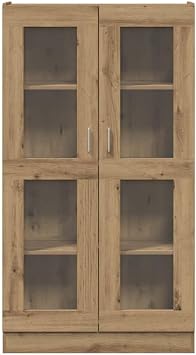 Oak Display Cabinet with Glass Doors, Tall Storage Cabinet with Adjustable Shelves, Wood Grain Showcase for Living Room, Study & Home Decor 82,5 x 30,5 x 150 cm