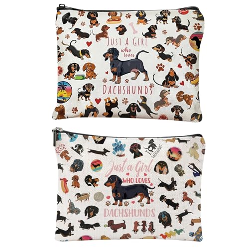 HTTDSLF 2PCS Neceser Maquillaje Mujer Neceser Maquillaje Pequeño con Cremallera Bolsa de Cosméticos de Lona con Estampado de Perro Salchicha Organizador Cosméticos Ideal para Salidas Viajes Vacaciones