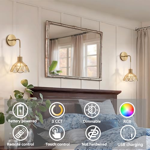 Image of Battery Operated Wall Sconces Set of Two, RGB Color Changing Dimmable Sconces with Remote for Bedroom Living Room, Easy to Install