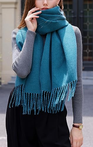 Wander Agio Womens Thick Blanket Scarf Long Shawl Large Scarves Cashmere Feel Double-side Pure Shiny Candy Color Lake Blue 292