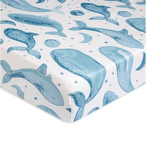Image of Crane Baby Ocean Crib Sheet, 100% Cotton Fitted Sheet, 28" x 52", Crib Sheets for Boys, Toddler Bed Sheets, Ocean Nursery Decor