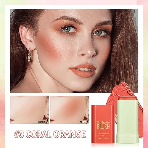 Paminify Soft Creamy Blush Stick,On-The-Go Blush,2-In-1 Cheek And Lip Tint,Waterproof Hydrating Solid Natural Moisture Smooth Blendable Matte Finish Face Blush Makeup,03 Coral Orange thumb #8