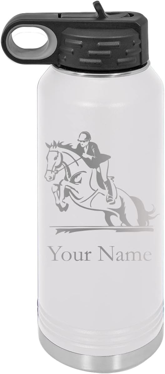 CustomGiftsNow Hunter Jumper English Style Horse Personalized Custom Engraved Double Wall Vacuum Hot/Cold Drinks Insulated Stainless Steel Boys/Girls Sports Team Water Bottle with Flip Top Lid, Straw