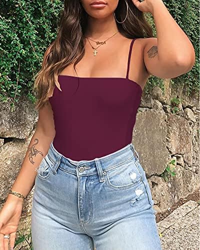 LINMON Women's Spaghetti Strap Bodysuit - Square Neck Tank Top Leotard, Burgundy, X-Large