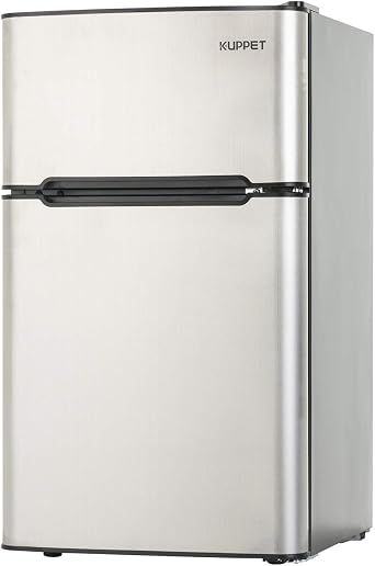 Compact Refrigerator Mini Refrigerator for Dorm,Garage, Camper, Basement or Office, Double Door Refrigerator and Freezer, 3.2 Cu.Ft, Stainless Steel