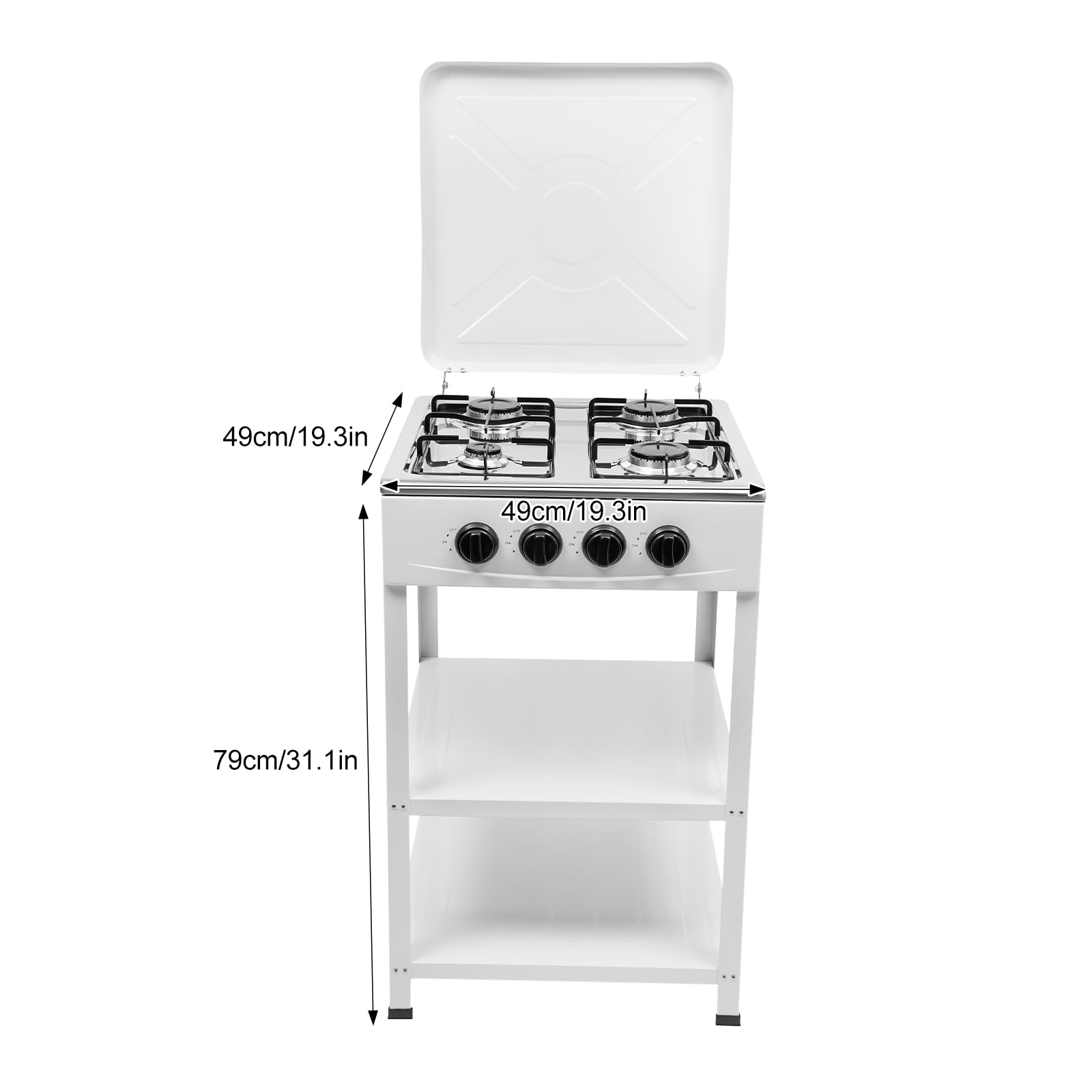 Fornello a gas autoportante, 49 x 49 x 79 cm, 4 fuochi, piano cottura a gas, fornello da campeggio con 4 fuochi, ripiani per campeggio, outdoor, camper, bianco