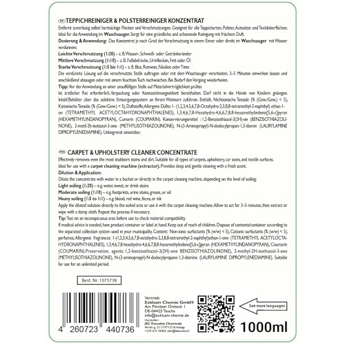 Exklusiv Chemie Teppichreiniger & Polsterreiniger Konzentrat 1L - Geeigent für Waschsauger & Nassauger - Für Teppiche, Polster, Autositze & Textiloberflächen – Frischer Duft