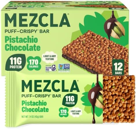 Mezcla Pistachio Chocolate Puff Crispy Vegan Bars, 11g Protein, 12 Bars