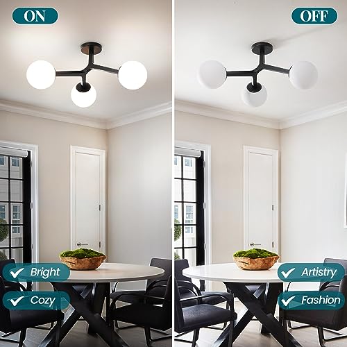 Image of Semi Flush Mount Ceiling Light Fixture 3-Light Black Modern Gold Chandelier with Globe Milky Frosted Glass Shade E12 Sputnik Ceiling Light for Kitchen, Hallway Light Fixtures Ceiling