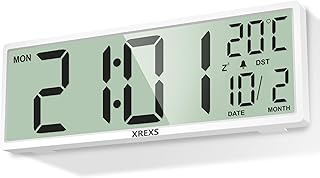 XREXS Reloj de Pared Digital de 14,5 Pulgadas, Hora, Calendario, Temperatura, Función DST, Funciona con Pilas, para Dormit...