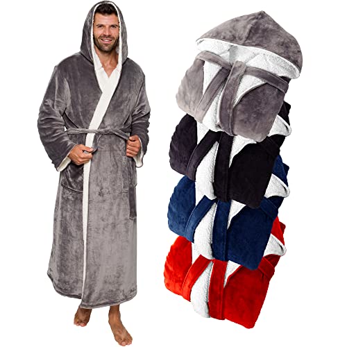 Ross Michaels Mens Robe Hooded Sherpa Big and Tall - Long Plush Spa Bath Robe with Hood and Pockets - Gifts Men Gray