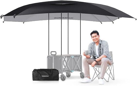 WONDERFOLD Sun Shade Canopy for S5 Convertible Utility Wagon - Large Umbrella with Sturdy Attachment & Plenty of Shade Around Your Utility Cart, Black