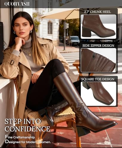 Image of Knee High Boots Women - Long Elastic Faux Leather Boots Tall Square Toe Chunky Block High Heel Shoes with Side Zipper