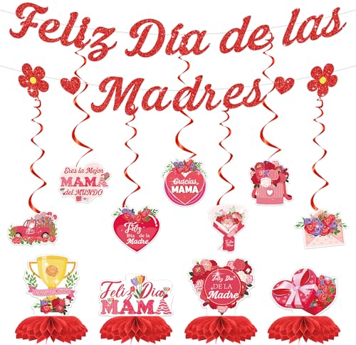 Feliz Dia de las Madres Decorations 13 Pcs Spanish Mothers Day Banner with Hanging Swirls and Honeycomb Centerpieces Dia de la Madre Party Decor for Home Family Celebration