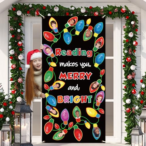 Wiooffen Christmas Door Cover Decoration Christmas Bulb Door Banner Xmas Hanging Backdrop Background for Home Winter Holiday School Classroom Decor Outdoor Indoor(Reading Makes Young Merry and Bright)