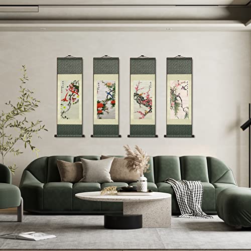 Atfart Asian Wall Decor Beautiful Silk Scroll Painting 4 Birds And Flowers - Plum Blossoms Five Blessings Oriental Decor Chinese Art Wall Scroll Wall Hanging Painting Scroll (39 X 12 In) #TOP2
