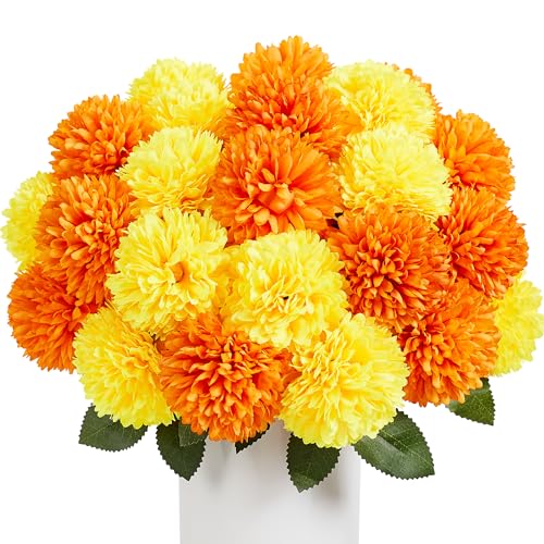 SITUMEIZI 12 Pcs Artificial Chrysanthemums Flowers Ball Flower Fake Mums Silk for Fall Decor Halloween Thanksgiving Day Wedding Home Kitchen Decoration Floral Arrangement(Yellow,Orange)