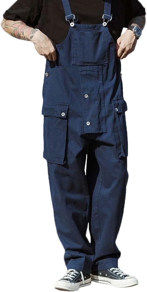 RexcyrilMen's Bib Overalls Baggy Loose Fit Workwear Sloppy Dungarees Lightweight Work Coveralls with Cargo Pockets