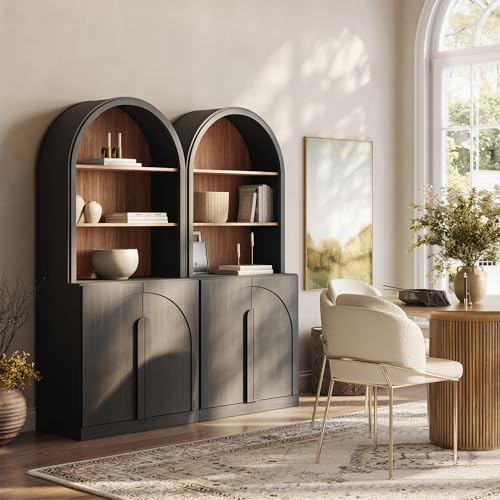 BELLEZE Arched Bookshelf with Storage Set of 2, 71" Tall Wood Curio Display Cabinet with Adjustable Shelf, 5 Tier Modern Bookcase Shelf with Door for