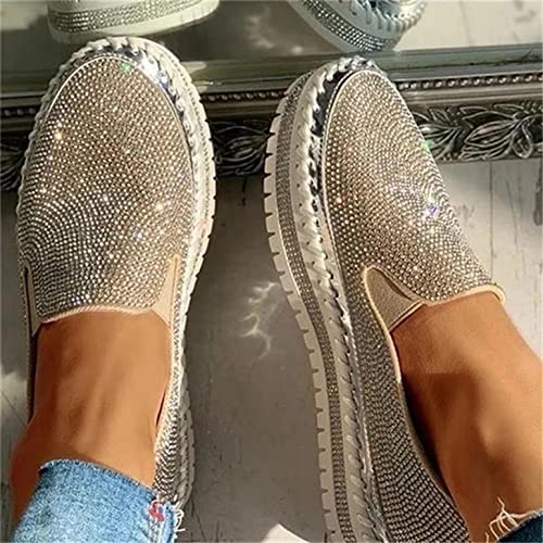 Women's Rhinestones Glitter Slip On Sneakers, Cute Bow Sequin Platform Shoes, Flats Walking Loafers Platform Rhinestones Glitter Sneaker, Fashion Slip On Lazy Single Shoes For Girls #TOP4