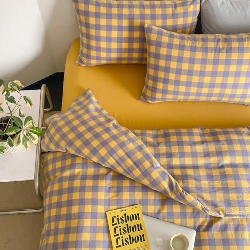 Image of MKXI Purple & Yellow Plaid Duvet Cover Set - 3 Piece Washed Cotton Reversible Bedding Queen Soft Vintage Checkered Design with Zipper Closure & Corner Ties