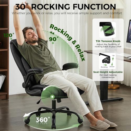 Image of Office Chair, Ergonomic Executive Desk Chair with Lumbar Support for Lower Back Pain Relief, Padded Flip-Up Armrests, Leather Home Office Chair, Black