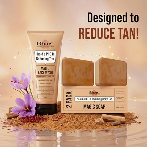 Image of Ghar Soaps Magic De-Tan Face Wash & Sandalwood Saffron Magic Bar Combo Pack of 2 | With Sandalwood, Saffron & Glutathione | Tan Removal, Skin Brightening & Glowing Skin | Handmade & Paraben-Free
