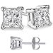Unisex Solid Silver Princess Cubic Zirconia Square White Cz Stud Earrings. Solid Basket Settings