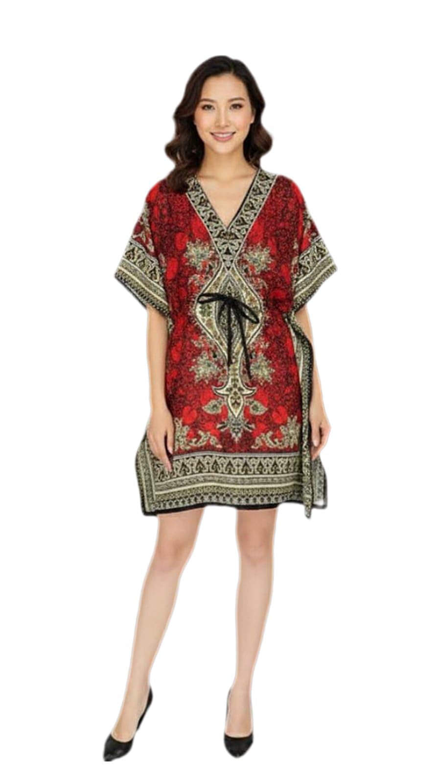 Women's Viscose Paisley Print Kaftan Dress – Short Beach Gown & Sleepwear | V-Neck Boho Style Nighty with Adjustable Drawstring – Free Size-picture-38