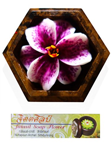 Jittasil Thai Hand-Carved Soap Flower, 4 Inch Scented Soap Carving Gift-Set, Purple Lily In Decorative Hexagonal Pine Wood Case