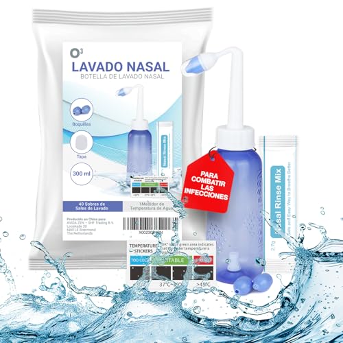 Lavado Nasal Adulto y Bebe 300 ml con 40 Paquetes de Sal y 1 Termómetro - Neti Pot Limpiador Nasal con 2 boquillas de Recambio - Irrigador Nasal