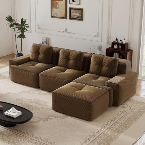 Image of 117 inch L-Shaped 3-Seater Modular Boneless Couch with Ottoman, Soft Corduroy Cloud sectional Sofa, Deep Seat Ergonomic Design, No Assembly Anti-Slip Sofa for Living Room, Brown