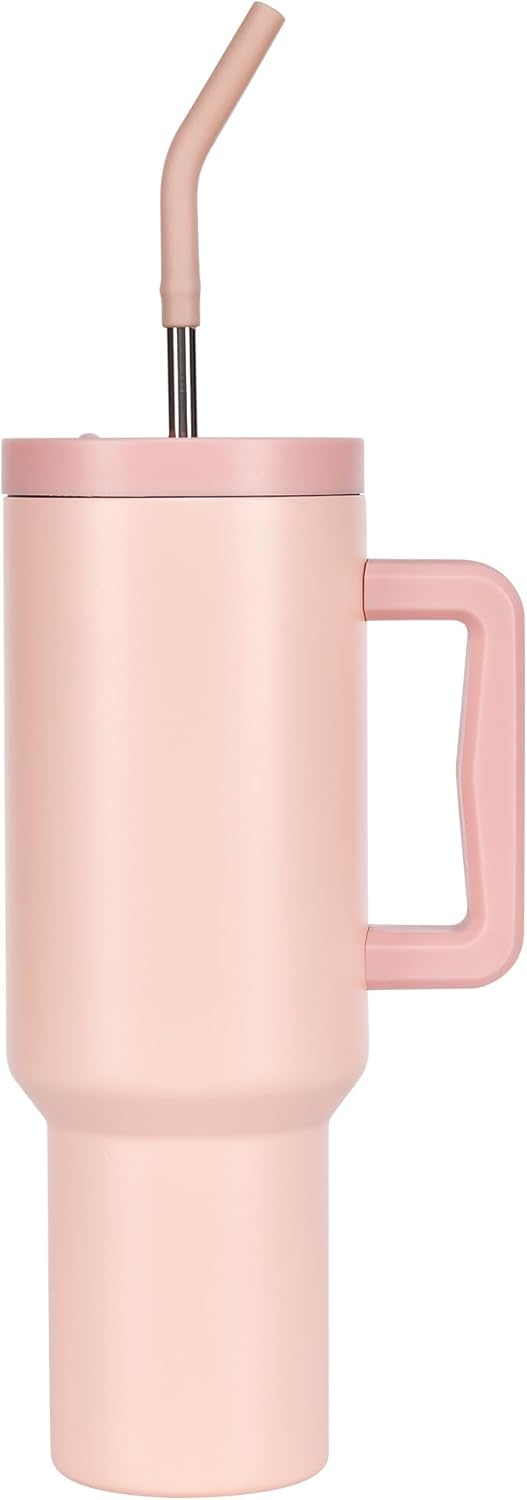 40oz Tumbler with Handle, Lid and Stainless Steel Straw, Stainless Steel Vacuum Insulated Water Bottle Adventure Travel Mug Quencher for Iced Coffee, Hot and Cold Tea, Beverage (Pink Dust)