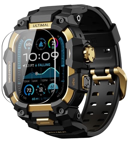 コンパチブル Apple Watch Ultra 3/Ultra 2/Ultra バンド アップル ウォッチ バンド 49mm ケース 一体型, ミリタリーグレード耐衝撃バンパーカバーTPU/TPE 耐衝撃 滑り止め 耐久性 落下防止 (ゴールド・ブラック, 49mm)