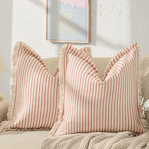 ZWJD Throw Christmas Pillow Covers 18×18 Set of 2 Striped Pillow Covers with Fringe Chic Cotton Decorative Pillows Square Cushion Covers for Sofa Couch Bed Living Room Farmhouse Decor