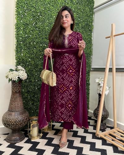 Image of GoSriKi Viscose Printed Straight Kurta with Pant and Dupatta for Women | Viscose Wine | 3 /4 Sleeve | Round Neck V-Slit | Ethnic Wear Casual Wear