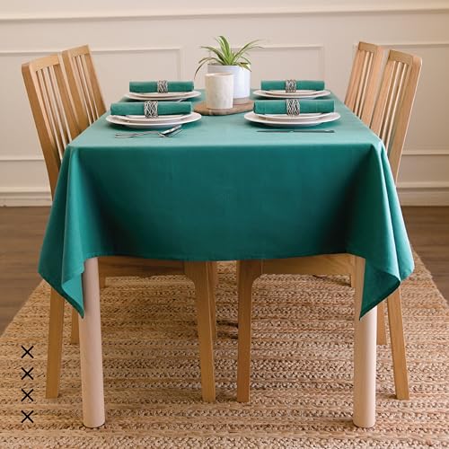 Image of Encasa XO Dining Table Cover Cloth for 4 to 6 Seater | 140x180 cm Cotton Canvas Rectangular Table Cloth | Machine Washable Tablecloth for Indoor & Outdoor Use - Emerald Solid Color