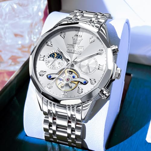Image of OLEVS Automatic Men Watch Self Winding Mechanical Moon Phase Business Luxury Diamond Dress Stainless Steel Waterproof Luminous Mens Wrist Watch