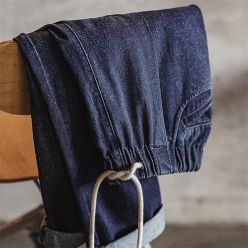 Men's Vintage Solid Jogger Jeans Pants Spring Elastic Waist Drawstring Washed Straight Denim Trousers3