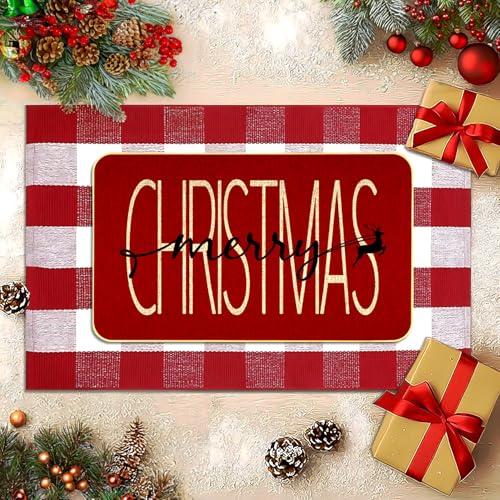Merry Christmas ドアマットコンボセット - 冬用ウェルカムマット + 71.1 x 109.2 cm レッド ホワイト バッファロー 格子縞 ラグ、チェック クリスマス エルク ラグ ポーチ、玄関、冬休み、ホームデコレーション [3]