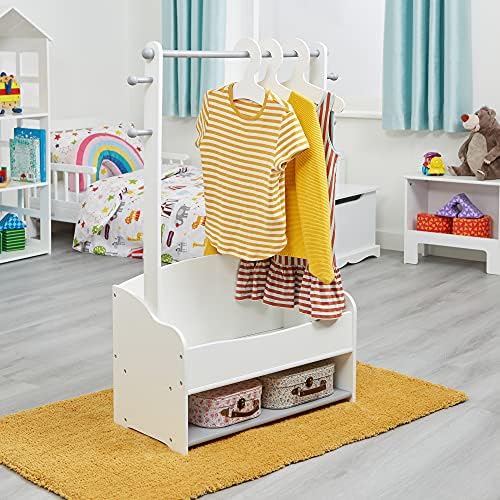 Liberty House Toys Kids Hanging Rail with Extra Storage, Kids Clothes Rail, Wooden Hanging Rail with Storage, Toddler, Kids Dress Up Rail, White and Grey