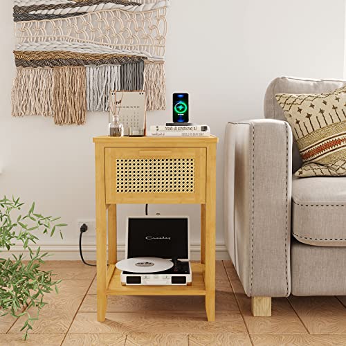Viagdo Nightstand With Charging Station, Bamboo End Table With Usb Ports & Power Outlets, Bed Side Table With Rattan Drawer, Nightstands Set Of 2 For Bedroom, Living Room, Natural, 2 Pack #TOP7