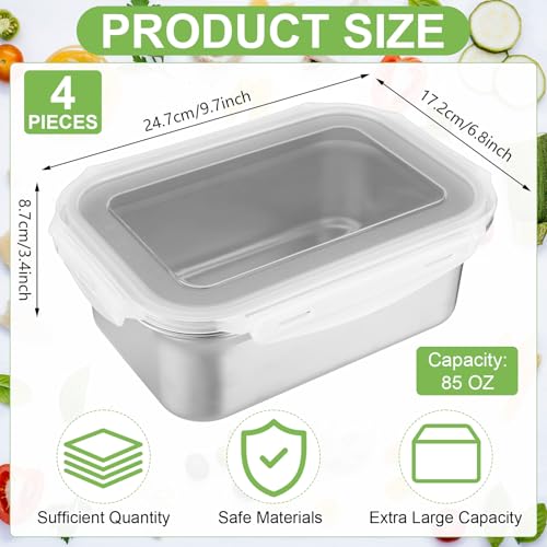 Teecyhooo 4 Pcs 85 Oz/ 2500 ml Stainless Steel Food Containers with Lids Large Metal Meal Prep Containers Lunch Box Airtight Bento Container Food Storage Canisters Keep Fresh for Kitchen Picnic Travel by Teecyhooo - Used condition - Image 2