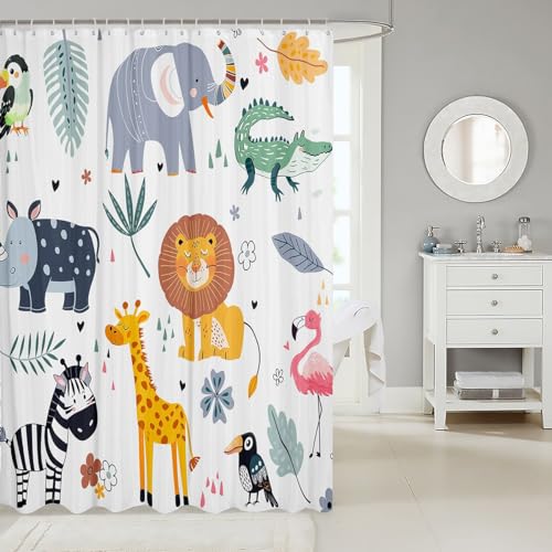 Image of Kids Zoo Animal Bath Curtain Cute Wild Animals Shower Curtain Cartoon Safari Wild Bathroom Shower Curtain Set Boys Girls Bedroom Decor Exotic Natural Waterproof Shower Curtain with Hooks 72x72 Inch