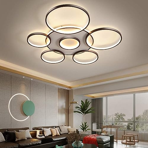 Plafonnier LED rond 6 anneaux marron dimmable avec télécommande