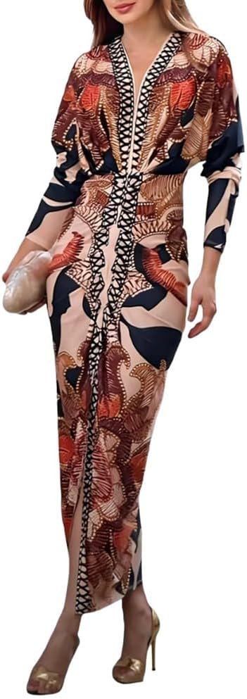 CHICME Women's Bodycon Long Sleeve Dress Casual Plunge V Neck Ruched Midi Dress Fall Bodycon Slit Office Work Dresses