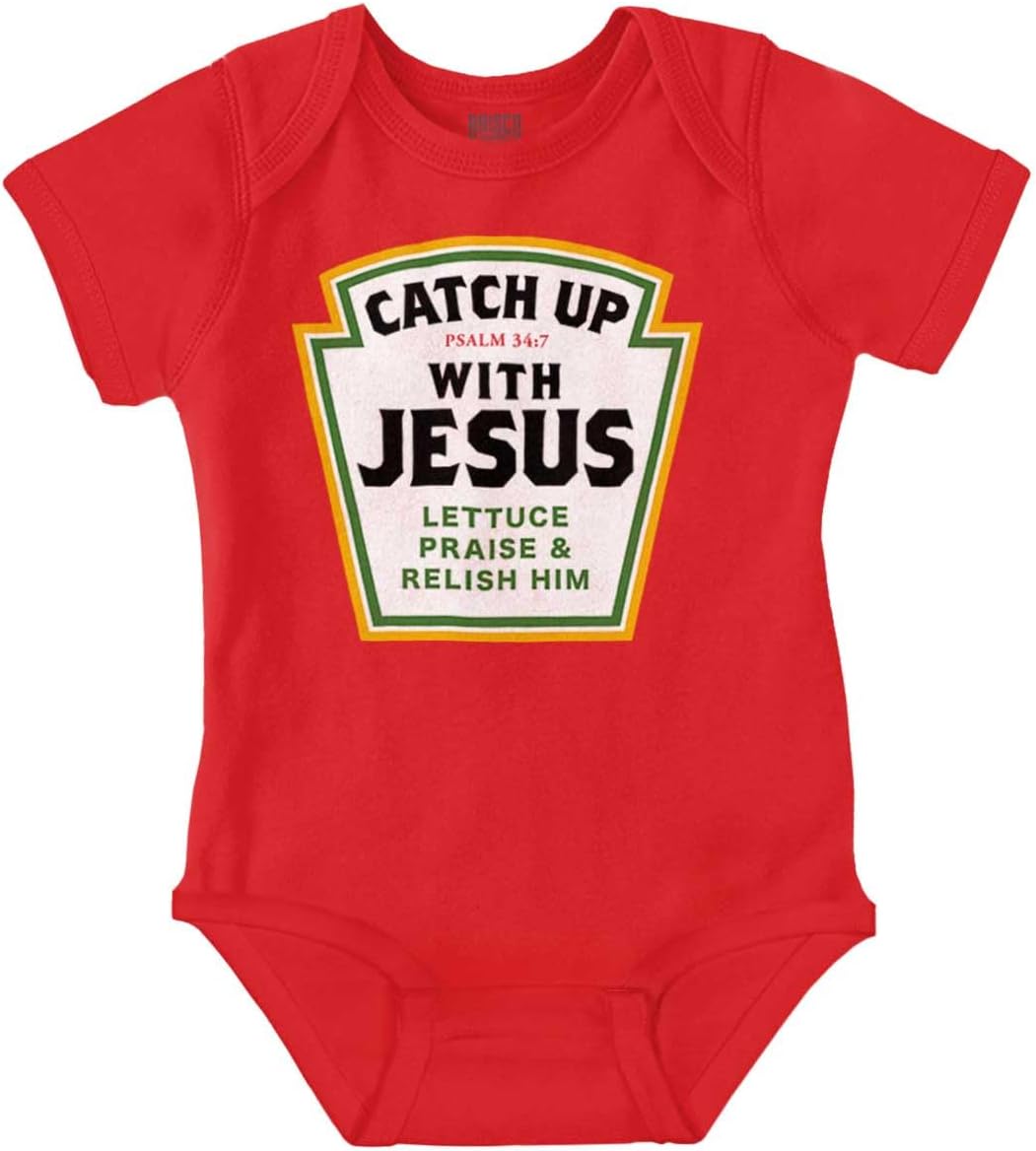 Brisco Brands Funny Catch Up With Jesus Food Pun Baby Romper Boys or Girls
